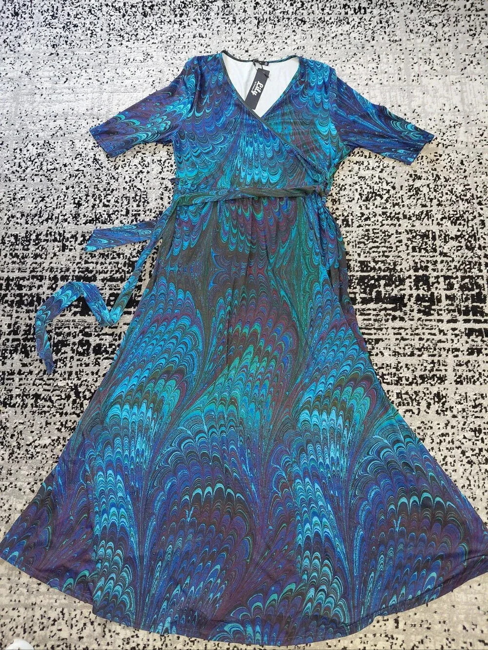 Lily by Firmiana Peacock Print Maxi Wrap Dress XL NWT Blue Teal Purple CC